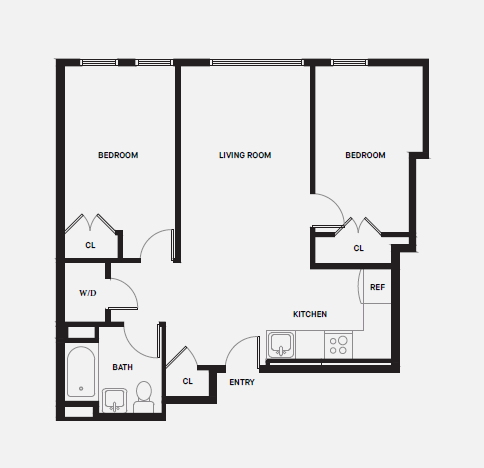 Floor plan for 2 beds, 1 bath, 758 sqft